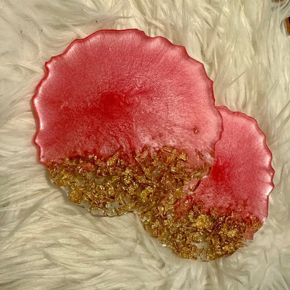 2-Piece Handmade Pink & Gold Resin Agate Coasters Glam Glitter Gift Home Decor